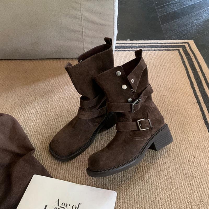Cowhide version~ Height increase 5.5cm Maillard thick heel thick sole belt buckle thin thick heel short boots locomotive boots women's autumn