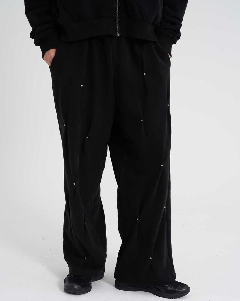 TENER Gold Studded Wide Double-Fleece Pants Black