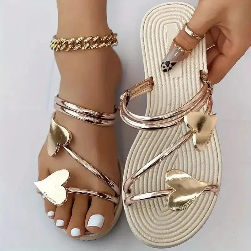 Fashion Elegant Women's Heart Flat Sandals Open Toe Woman Slippers Non Slip Shoes Outdoor Beach Slides Women Sandals Summer 2025 Size 43