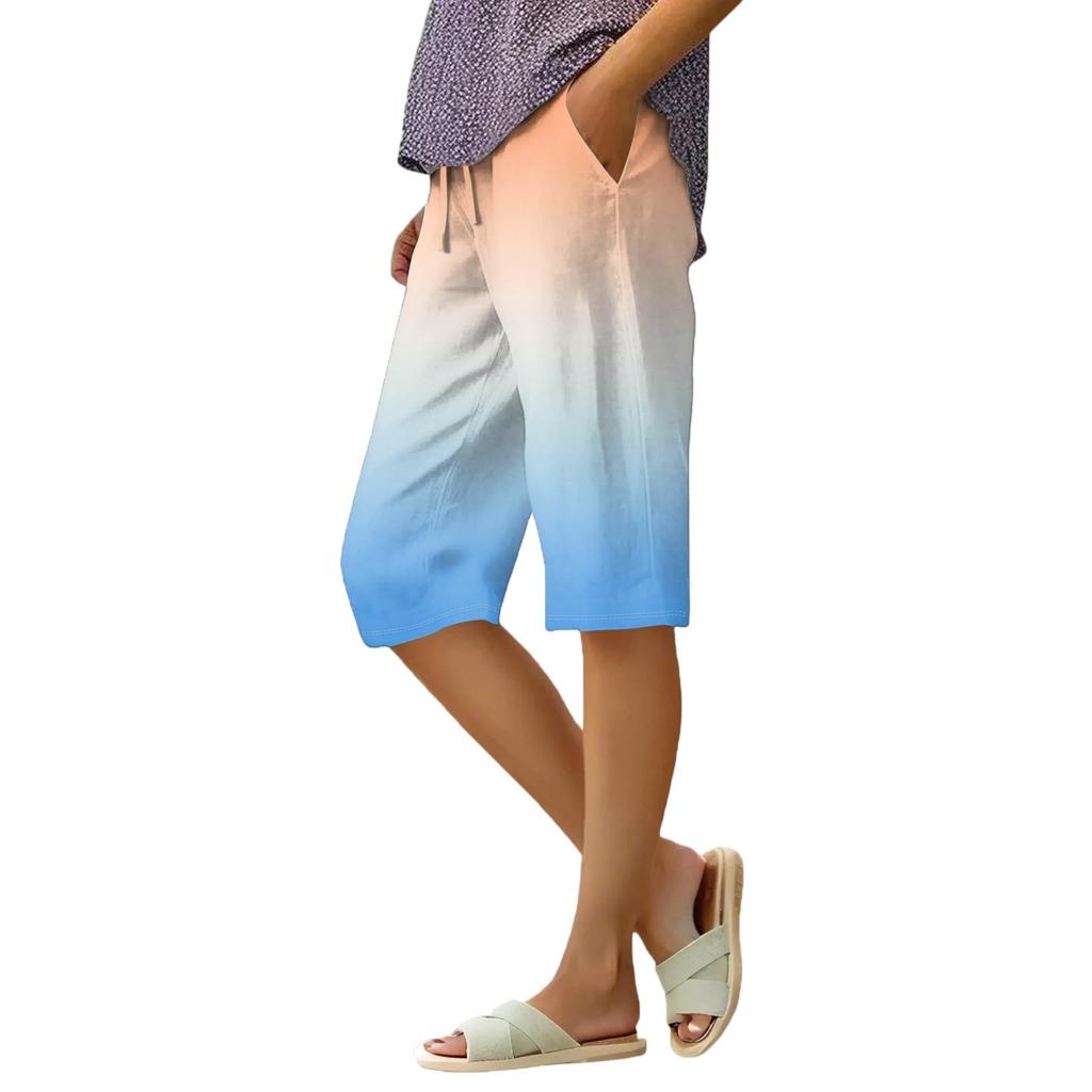 Women's Summer Elasticated Tie Waist Gradient Colour Cotton Linen Loose Shorts