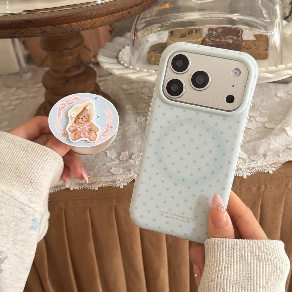 Small Fresh Isn't Blue Polka Dot Magnetic Case, Suitable for Apple 17promax Mobile Phone Case iPhone16 Bear Bracket 15promax.