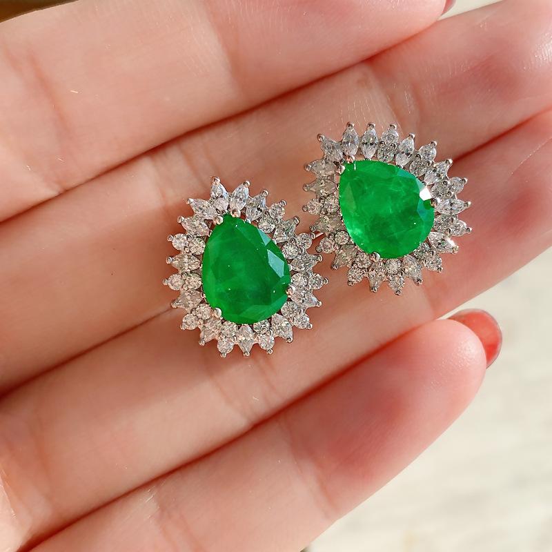 Paraiba Water Drop S925 Silver Needle Stud Earrings, Emerald Slightly Inlaid Imitation Diamond Temperament Light Earrings
