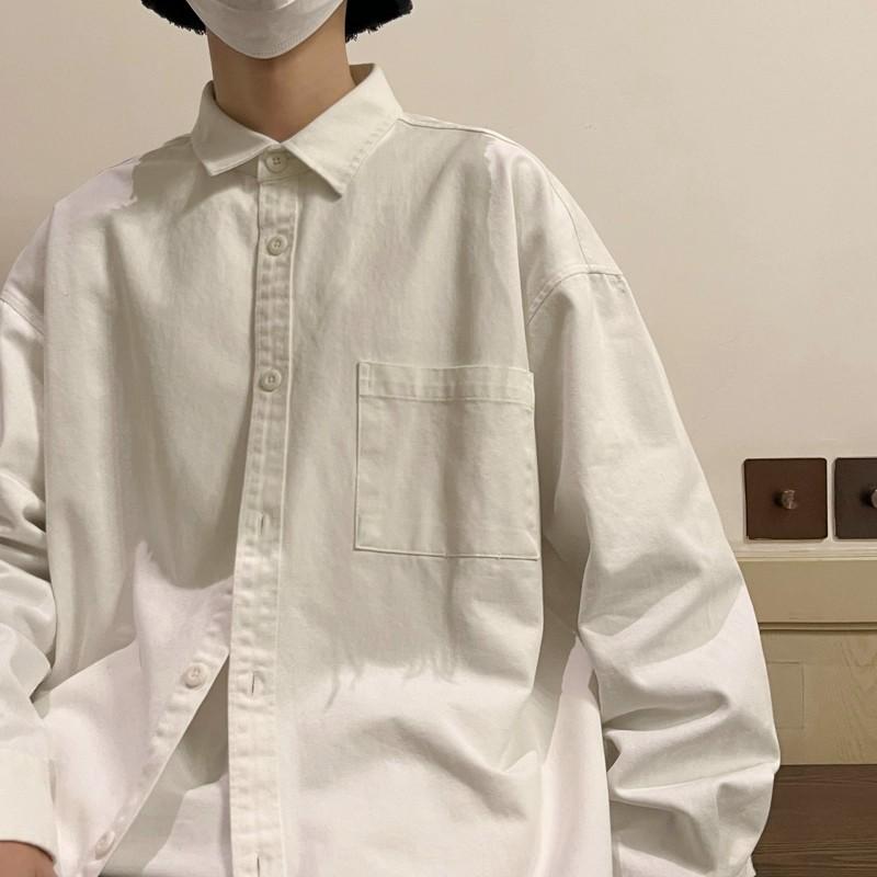 Men's White Cotton Button Down Shirt Casual Pocket Detail Oversized Streetwear Top