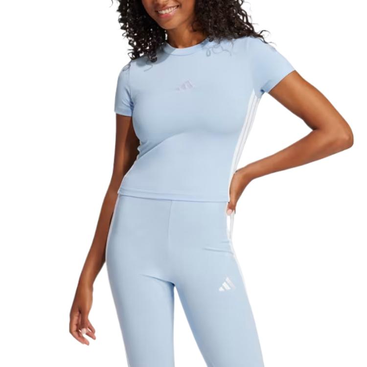 adidas Womens Essentials 3-Stripes Slim Baby T-Shirt Glow Blue/White Women Streetwear JE1241