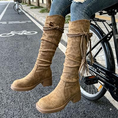 Bottes de chevalier frangées Wasteland à talon épais mais bottes genou automne et hiver rétro pile fine bottes hautes pour femmes