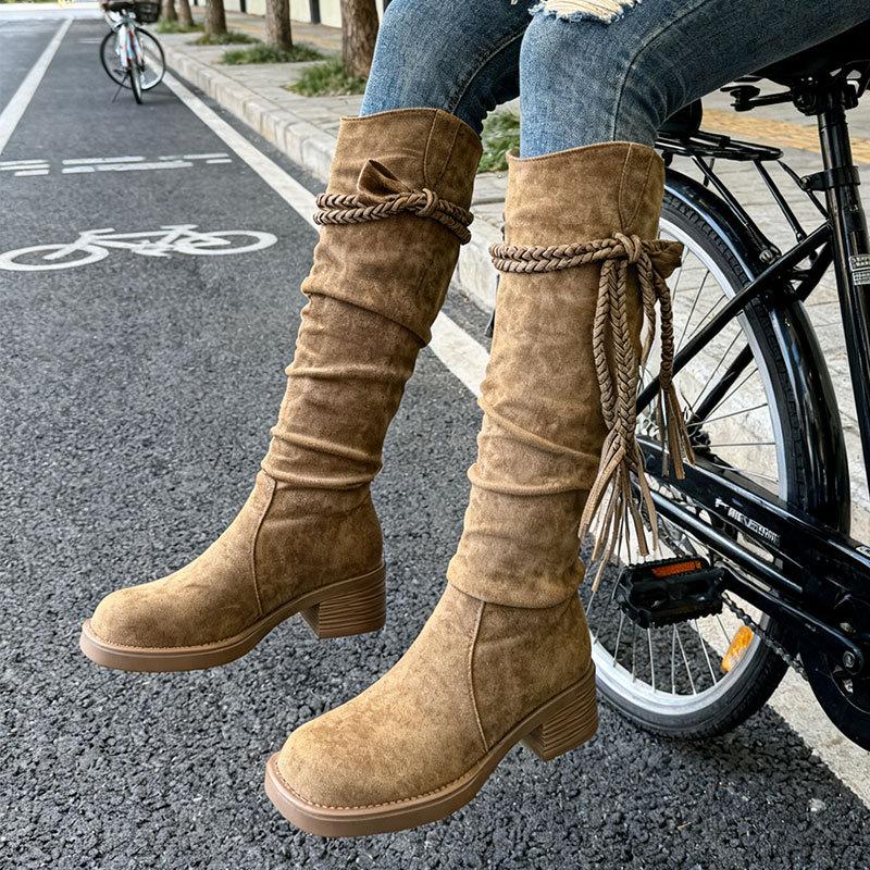 Heel Wasteland Style Western Cowboy Tall Long Boots New Autumn But Knee Pile Boots Knight Boots