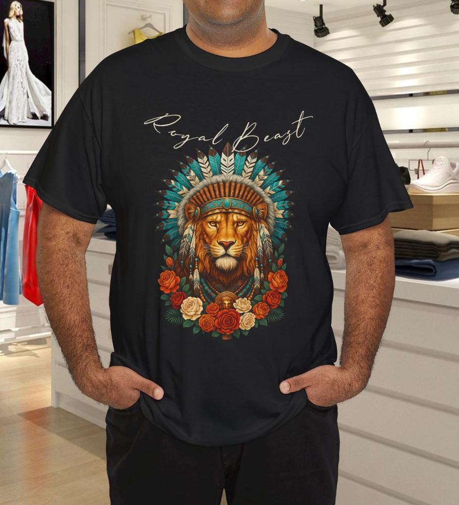 

Regal Beast Lion Headdress Floral Graphic Tee – Bold Tribal Style T-Shirt M