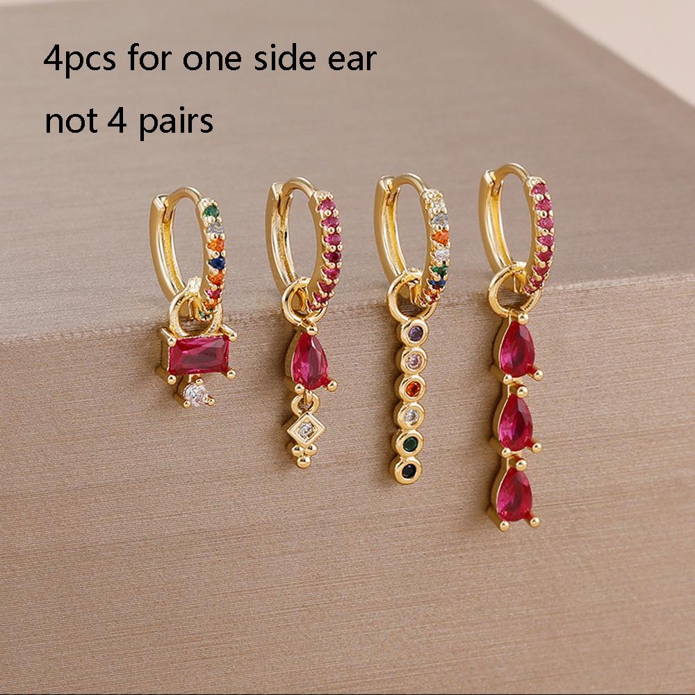 

4PCS Stainless Steel Water Drop Colorful Zircon Crystal Pendant Hoop Earrings For Women French Design Wedding Jewelry Gifts