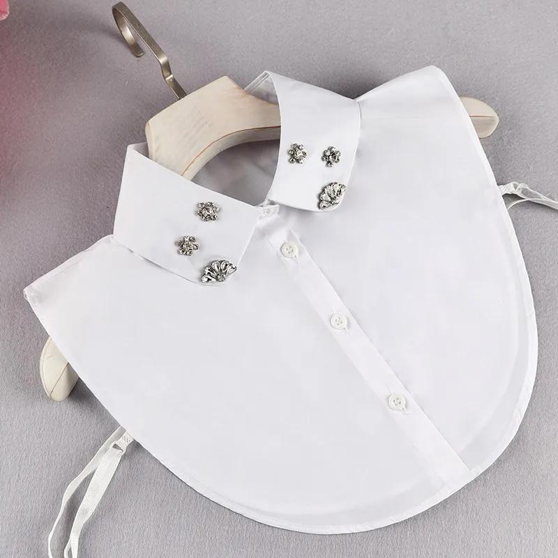 Vintage Beads False Collar for Womens White Solid Cotton/Chiffon Female Detachable Collar Lapel Ladies Decoration Blouse Top