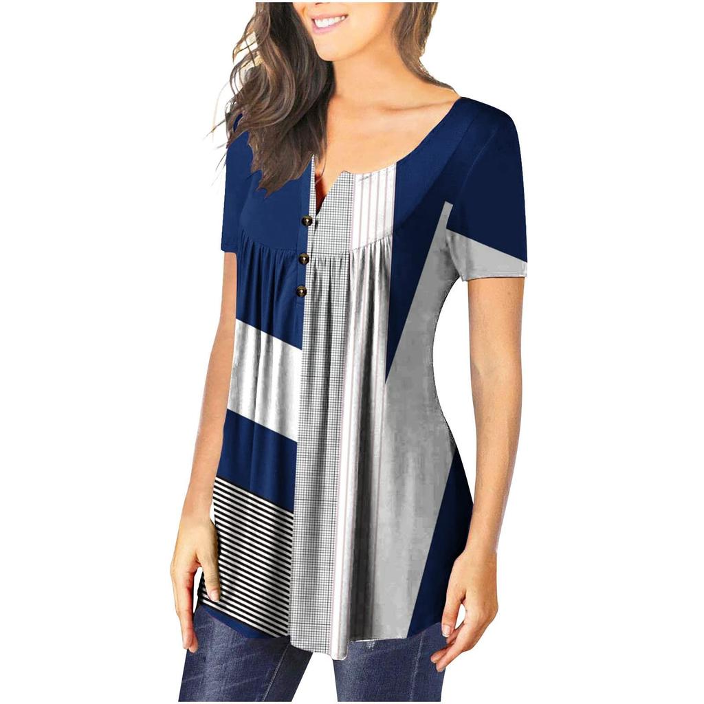 Women's V-Neck Color Block Patchwork Printed Button Flower Short Sleeve T-shirt Top