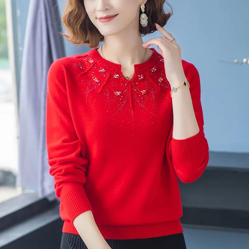 Women's Autumn Embroidered Faux Shearling Knit Sweater for Middle-aged and Elderly Women, Loose Fit, Plus Size Undershirt