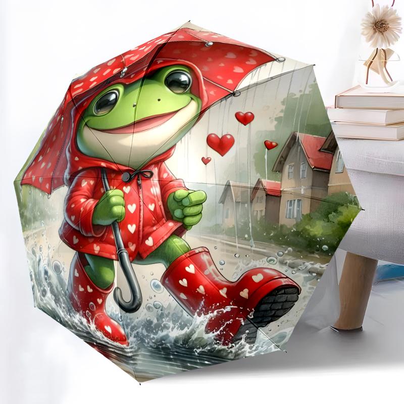 1 Stück Robuster Automatikschirm mit 8 Speichen, Froschschirm, Digital bedruckt, Faltbarer Schirm für unterwegs im Freien