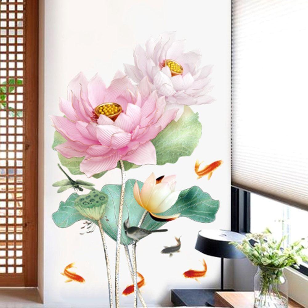 PVC Flower Koi Sticker 3D Effect Self-adhesive Glass Door Sticker Anti-static Chinese Style Lotus Wall Sticker Bedroom Decor