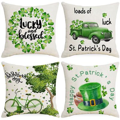 St. Patrick's Day Four-leaf Crop Printed Linen Pillow Case Festive Home Fabric Sofa Bedside Pillow