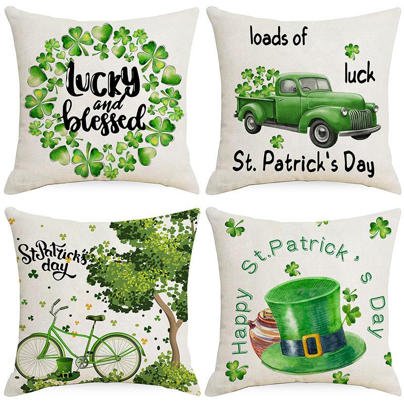 St. Patrick's Day Four-leaf Clover Printed Linen Pillow Cover Festive Home Fabric Sofa Bedside Cushion