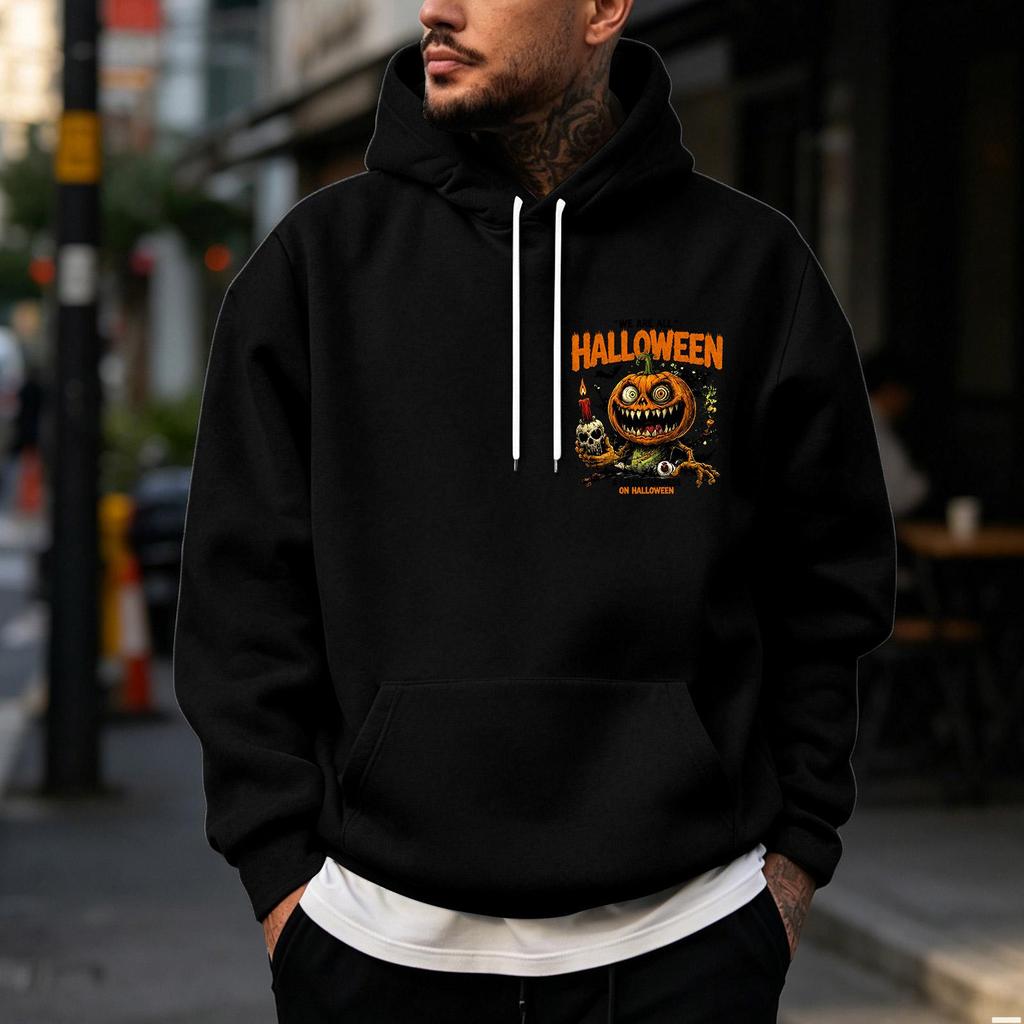 Men's Halloween Print Pullover Hoodie for Holiday Party and Cold