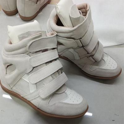 European and American Style Invisible Inner Heightening Women's Shoes 7CM Slope Heel Velcro Sneakers, Leather Tall Tube Color Matching Casual