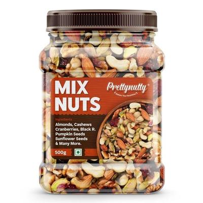 PrettyNutty Healthy Nutmix 500g, getrocknete Mandeln, schwarze Rosinen, Cashewnüsse, Cranberries, schwarze Datteln und vieles mehr. (Packung mit Glas)