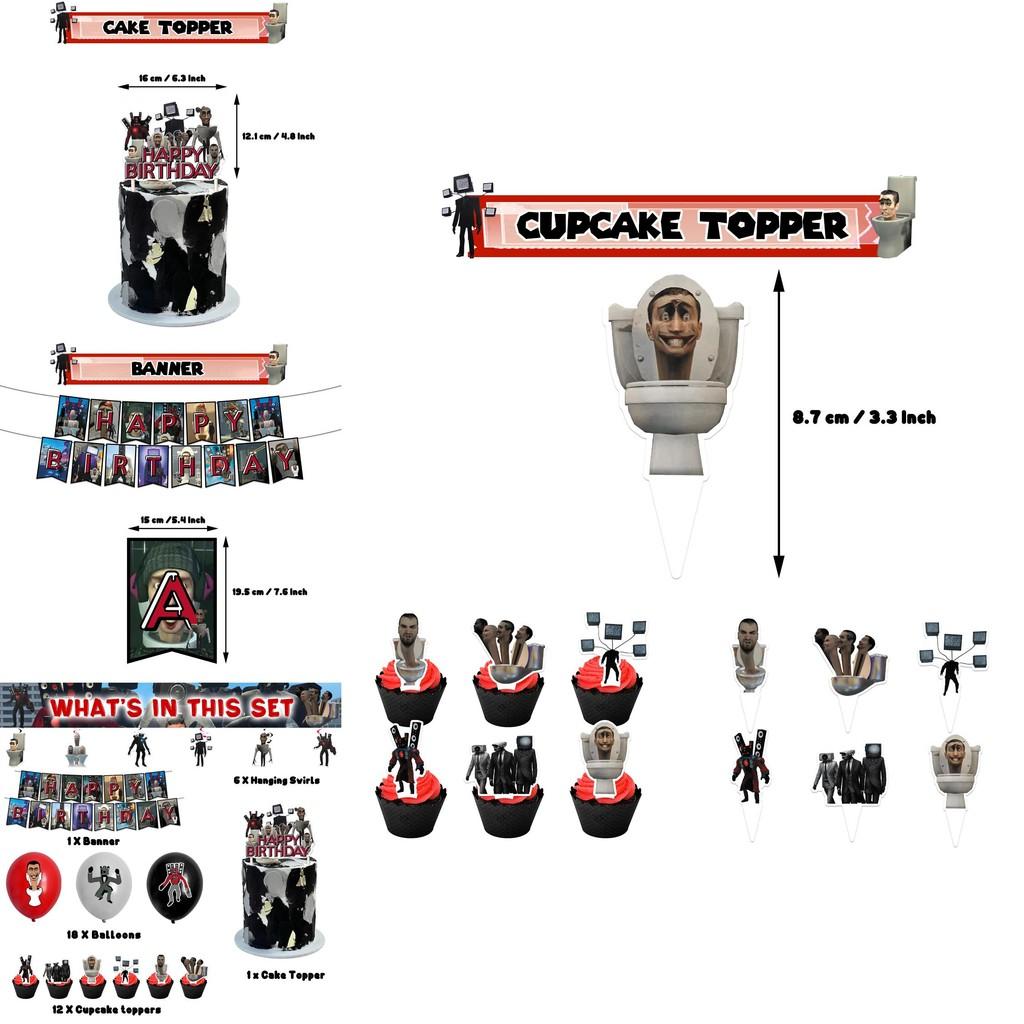Skibidi Toilet Theme Birthday Party Decoration Kit Monster Birthday Cake Topper Paper Flag Balloons And More!