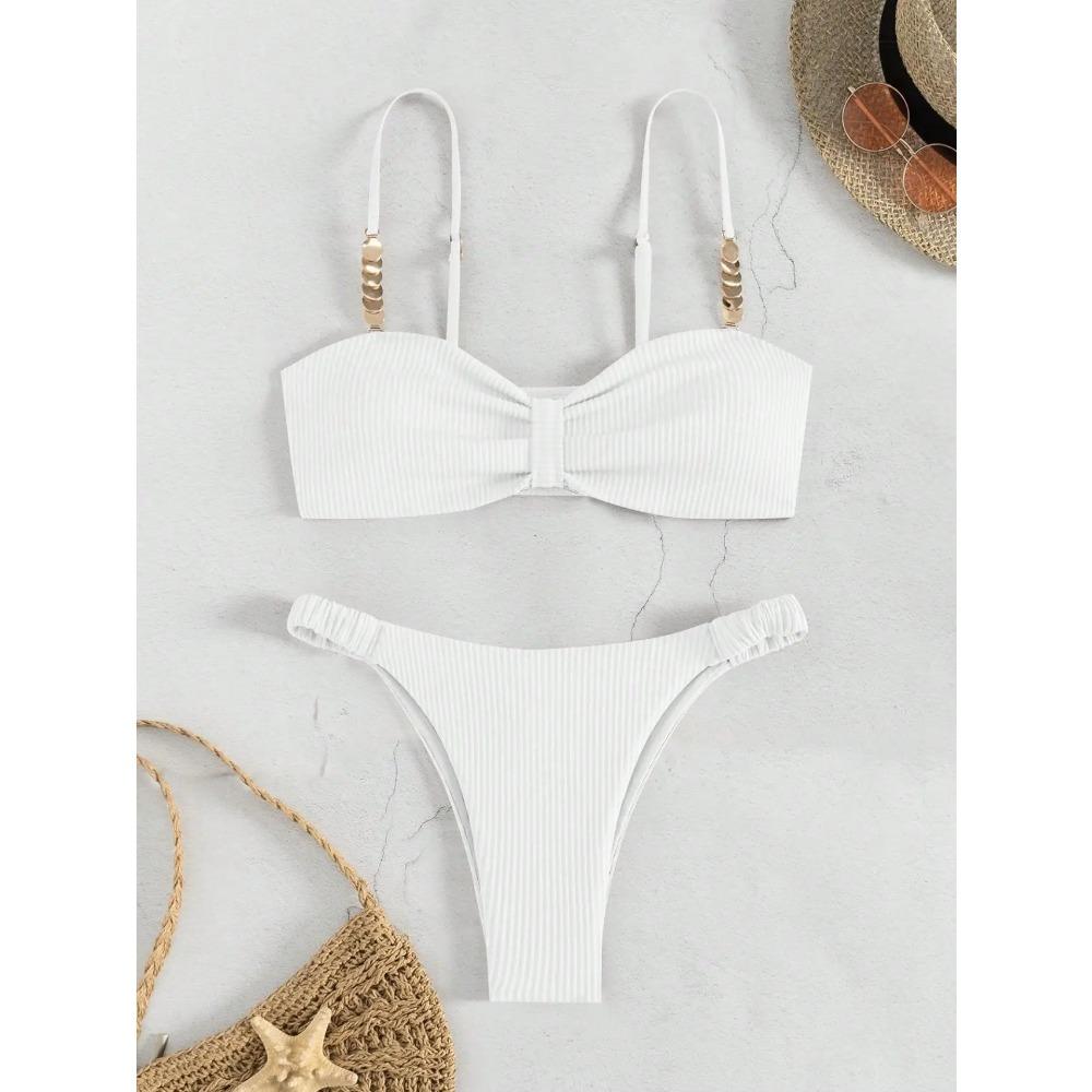 Sexy Front Bow Push Up Bikini Set 2025 Women Metal Strap Hollow Out Bra Pleate Thong Swimsuit Summer Bathing Suit White Swimwear