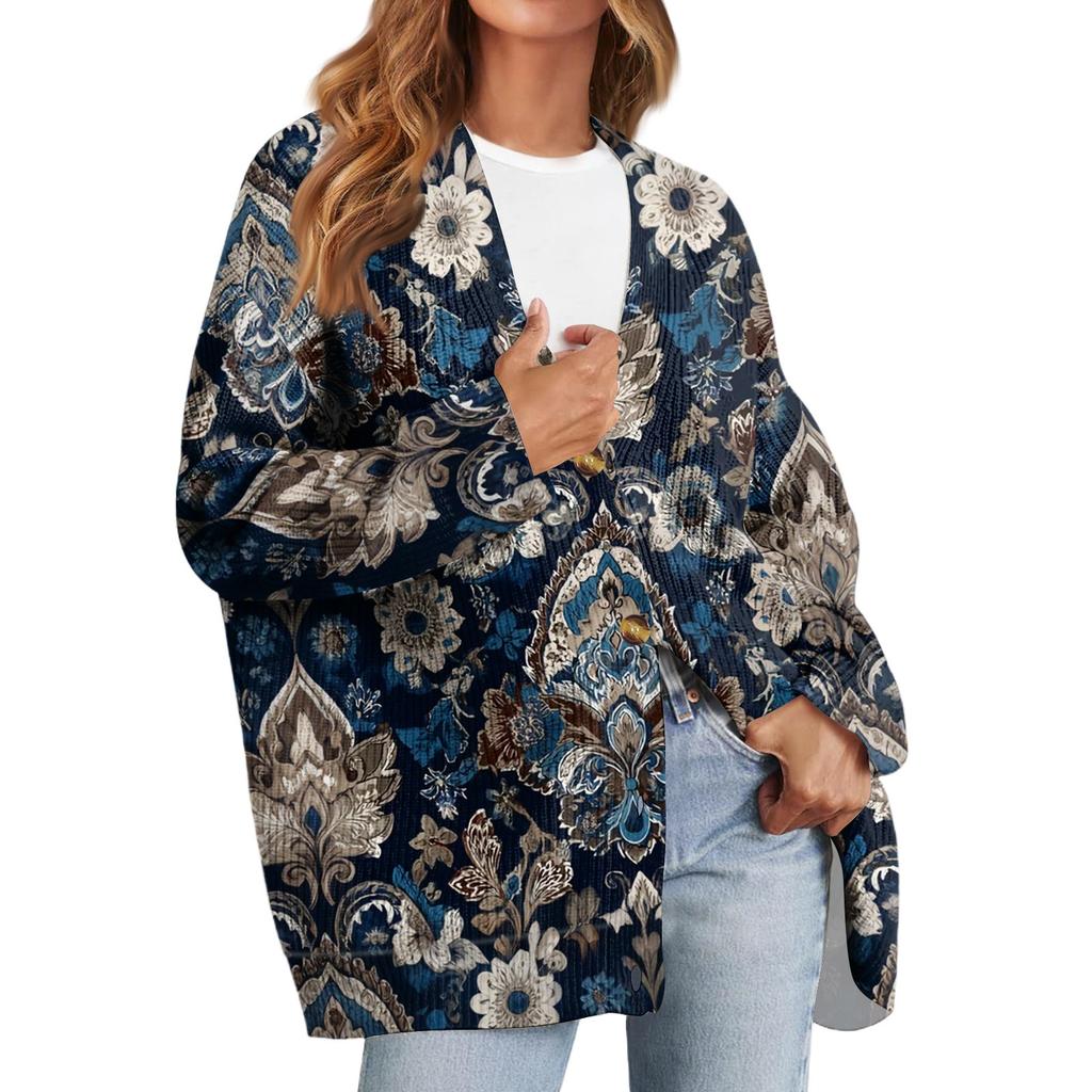 Women's Fashion Long Sleeve Print V-Neck Button Loose Cardigan Top