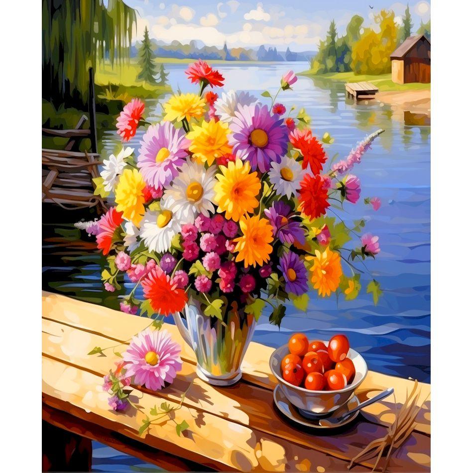 CHENISTORY Coloring By Number Sunset Scenery For Adults DIY Picture By Numbers Seascape Flower Drawing On Canvas Home Decor Gift