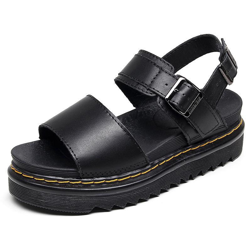 

Summer Martin Sandals Ladies Roman Velcro Open-toed Beach Shoes Platform Leather Fish Mouth Loose 35 чёрный