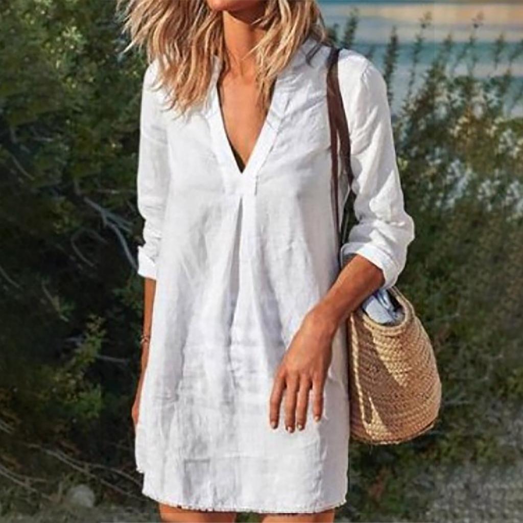 Cotton Linen V Neck 3/4 Sleeve Beach Cover Up Casual Loose Solid Color Oversized Tunic Dress Summer Short Kaftan For Women