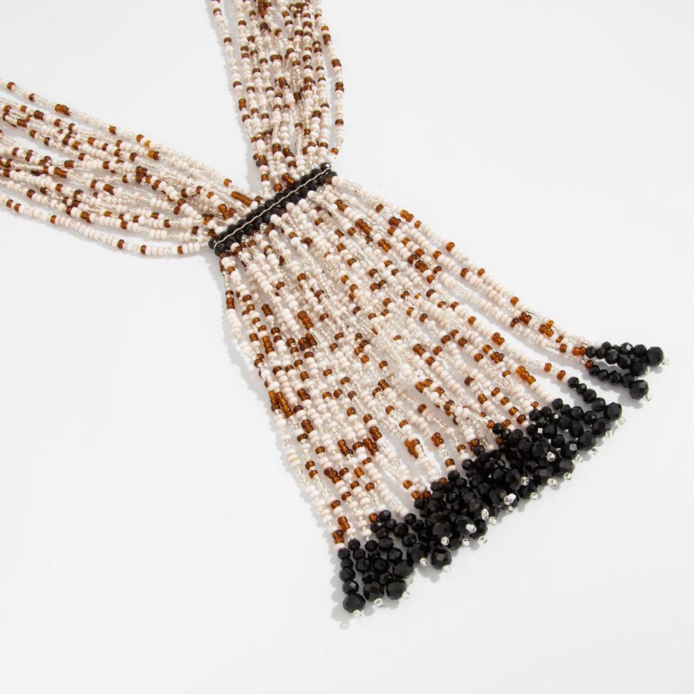 Gold Multi-Layer Beads Necklace Floral Tassel Collarbone Chain Simple Bohemian Necklace  Women