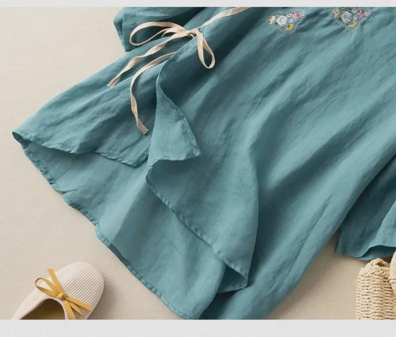 Damen 2024 Sommer Locker Geschnittenes Baumwollleinen Besticktes Hemd mit Schrägkragen, Kurzen Ärmeln und Nationalem Stil