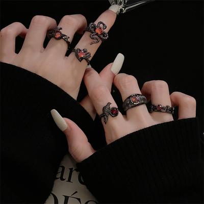 Dark Raven Personality Snake Open Ring Raven Niche Design Sense Red Zircon Vintage Punk Ring Female
