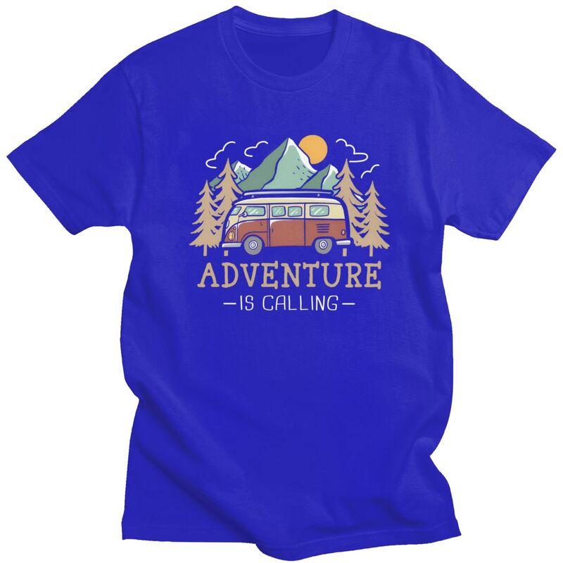 Male Happy Camping Mountains Adventure Is Calling T Shirts Short Sleeves Cotton Tshirts Anniversary Birthday Gift Casual Tees
