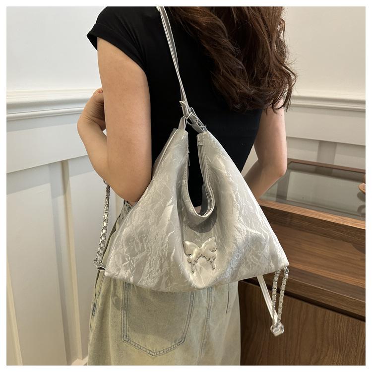 Women's Faux Leather Bucket Bag, Double Strap Butterfly Texture Shoulder Crossbody Purse, Soft Handbag with Phone Pocket