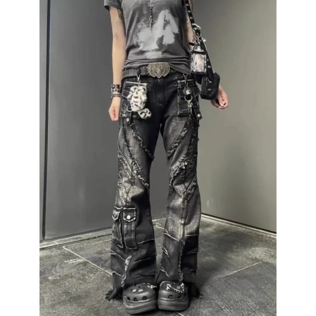 VIONA Autumn Winter Women's Denim Pants Dark Academia Cargo Jean Flared Bell Bottom Designer Kpop Japanese Y2k 2000s Goblin Core