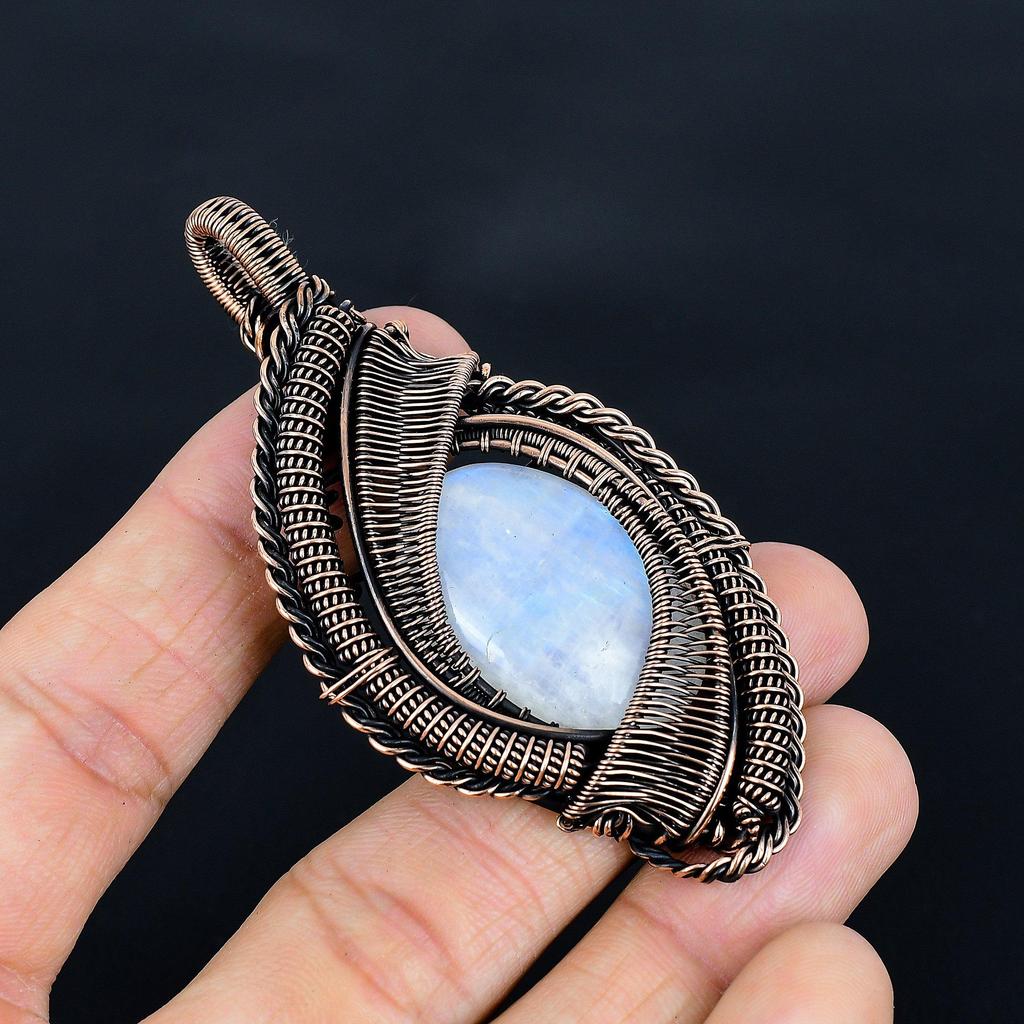 Rainbow Moonstone Pendant, Handmade Gemstone 999 Copper Wire Wrap Pendant Antique Jewelry, For Gift Copper Jewelry