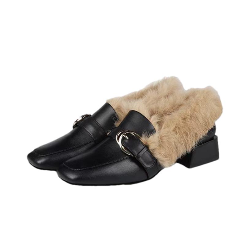 Women Fur Square Toe Cotton Shoes Leather Mid Heels Loafers Shoes Woman 2025 Trend Winter Warm Cozy Dress Snow Boots Zapatillas