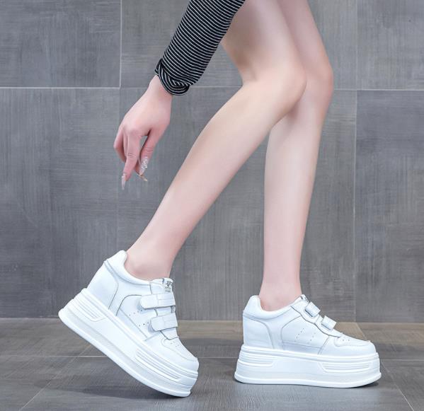 Fashion 10CM Cow Genuine Leather Autumn Platform Wedge Skate Heels Comfy Casual Shoes High Brand Chunky Sneaker Hook Women Vulcanized