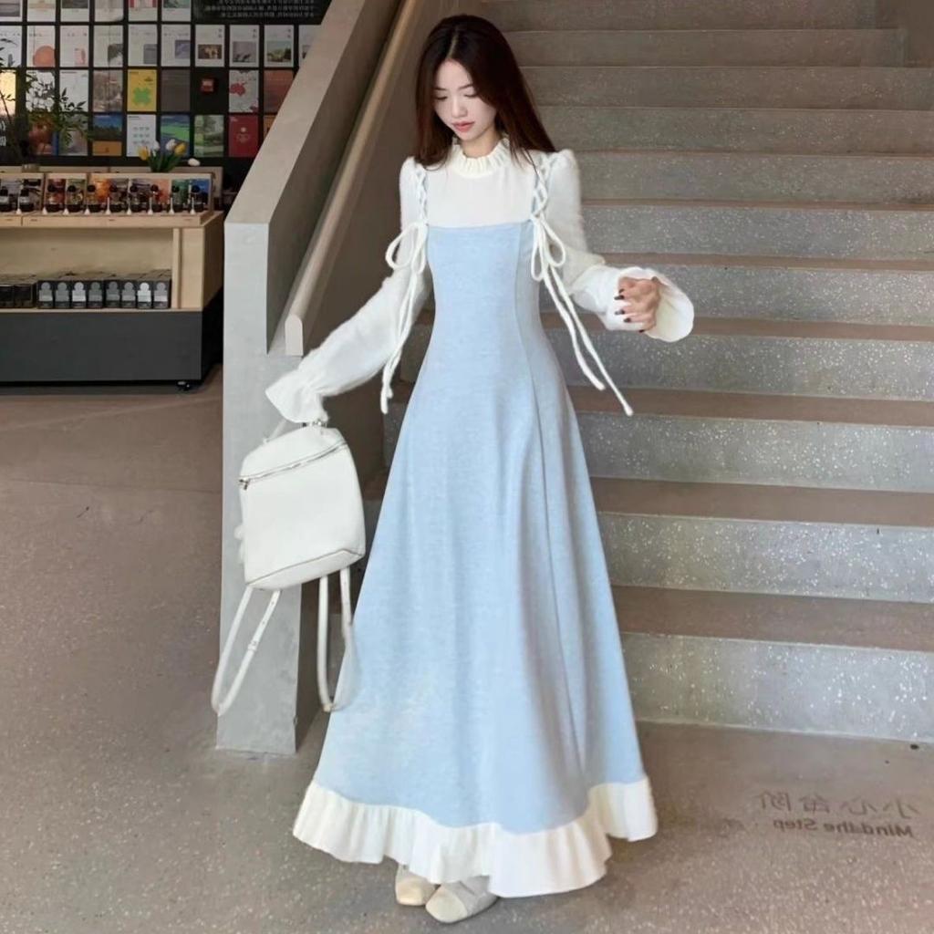 Sweet Short Skirt Women's Autumn Winter Waist-Cinching Designed Color-Block Patchwork Fake Two-Piece Dress