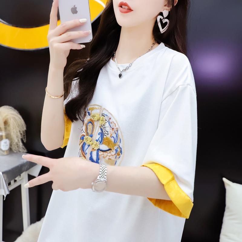 Women's Loose Large Size Slimming Medium Long Short Sleeve T-shirt Jacquard Summer Embroidery Top