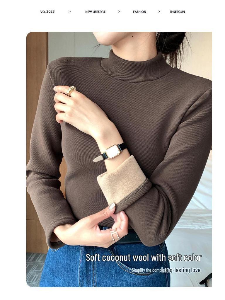 H331 Women's Slim Fit Knitted Half Turtleneck Sweater - Plus Velvet, Warm Long Sleeve Top for Autumn and Winter