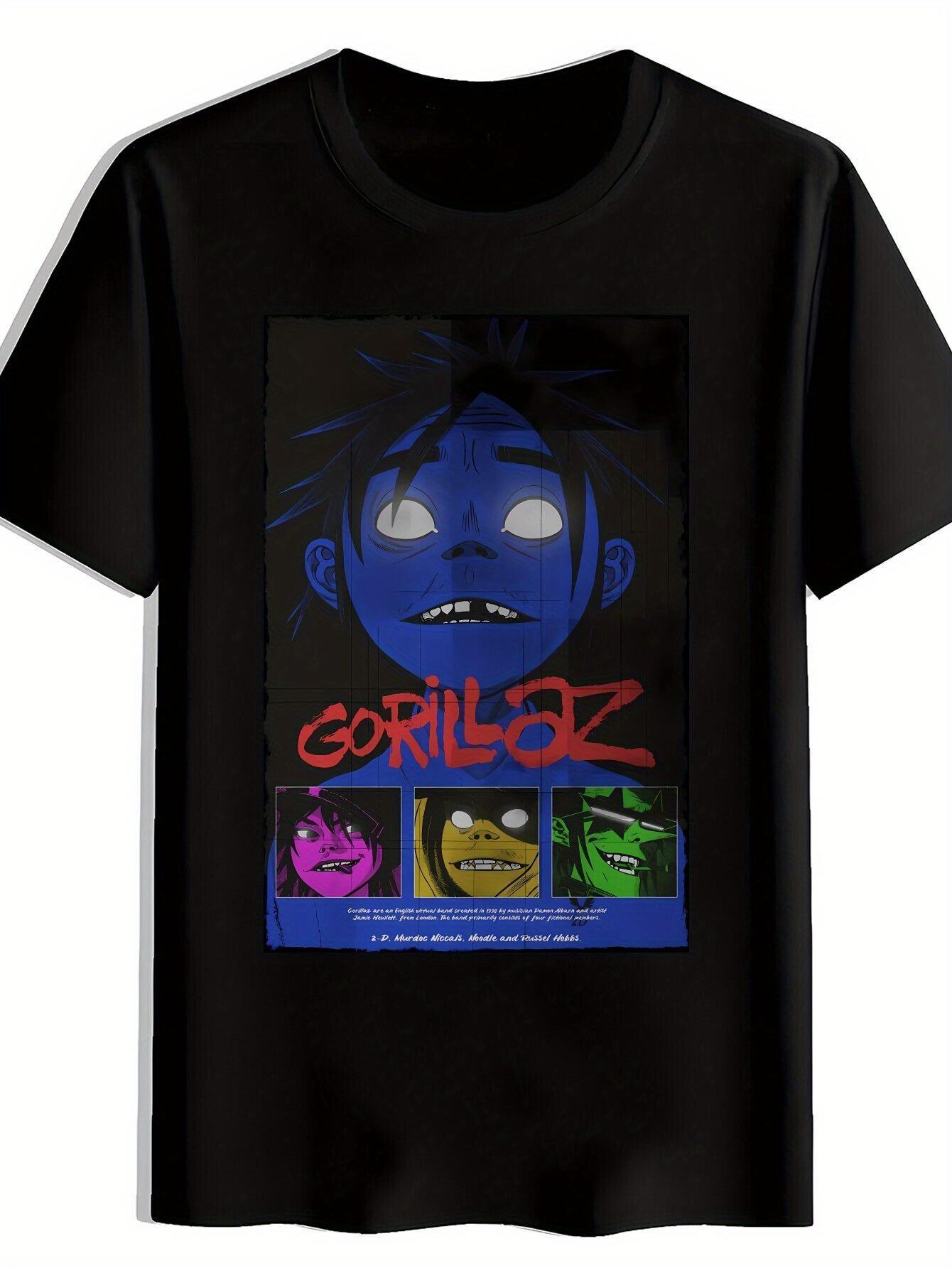Black T-shirt with Gorillaz Graphic Design - Casual Crew Neck S