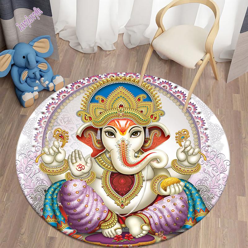 Auspicious Elephant Circular Carpet Home Decoration Bedroom Area Soft Flannel Mats Bohemian Style Room Decoration Carpet