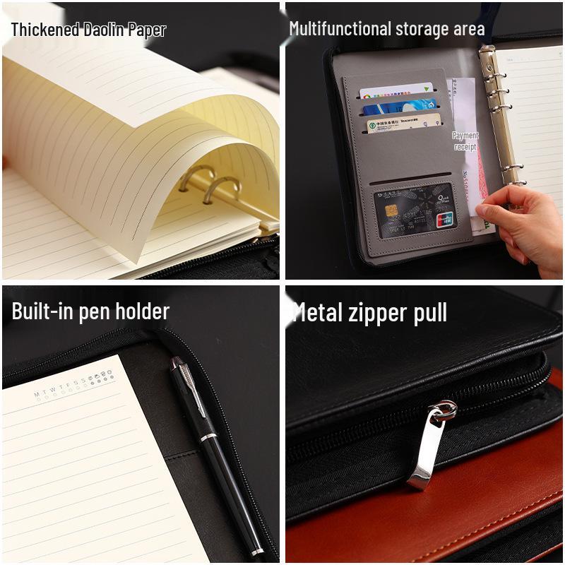 Customizable A5 PU Leather Notebook with Logo, Zipper Storage, and Loose-leaf Pages for Business Meetings