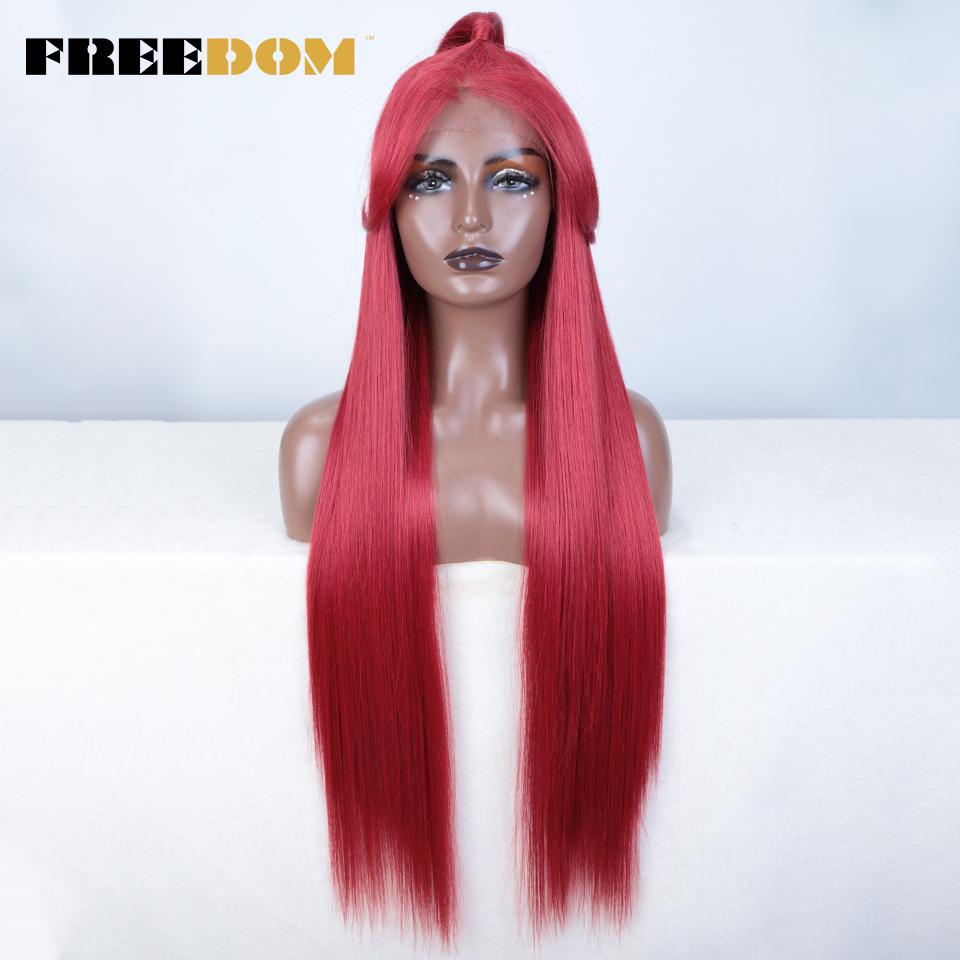 

FREEDOM 13x4 Synthetic Lace Front Wigs For Women 36 inches Long Straight Updo Wig Ombre Brown Red Wig With Bangs Cosplay Wigs (as the picture,36inches)