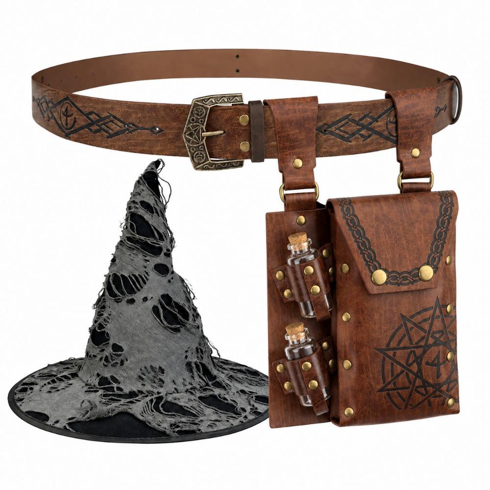 2/3/4pcs Vintage Medieval Wizard Cosplay Set Fantasy Torn Witch Hat Photo Pros