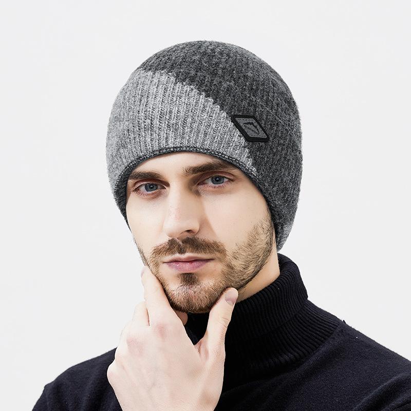 Winter Color Matching Wool Warm Thick Knitted Hat Men's Outdoor Riding Cold-Proof Ear Protection Wool Hat Two-Piece Set