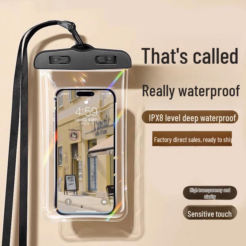 Transparent waterproof phone bag with classic style, touch screen access, neck strap for hot spring use.