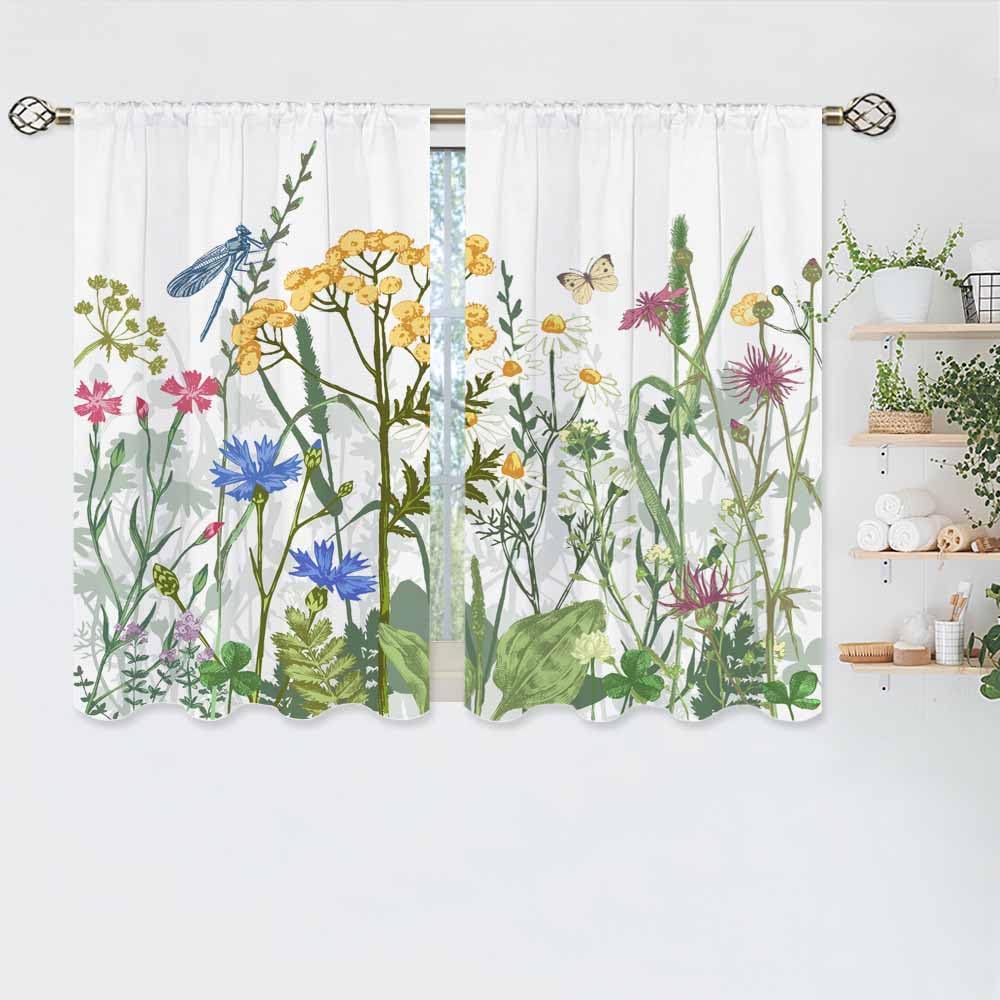 Colorful Flowers Kitchen Curtains Herbs Plants Butterfly Dragonfly Grass Short Tier Bathroom Cafe Small Window Drap Curtain Polyester Washable Ready