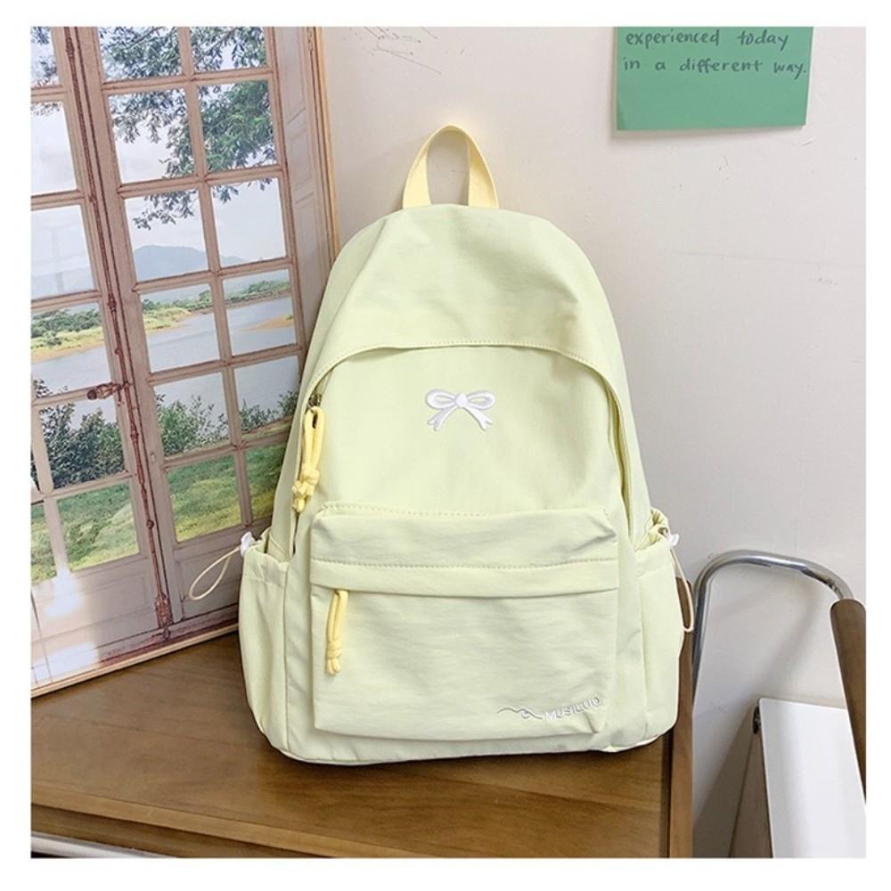 Cute Embroidered Bow Girls Backpack Nylon Solid Color Students Schoolbag Large Capacity Lightweight Travel Rucksack