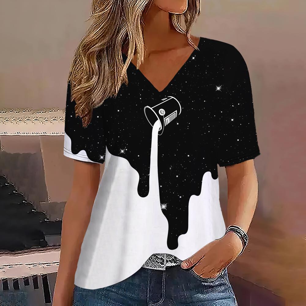 Letní top s V-výstřihem a 3D gradientním potiskem, módní ležérní dámské tričko s krátkým rukávem